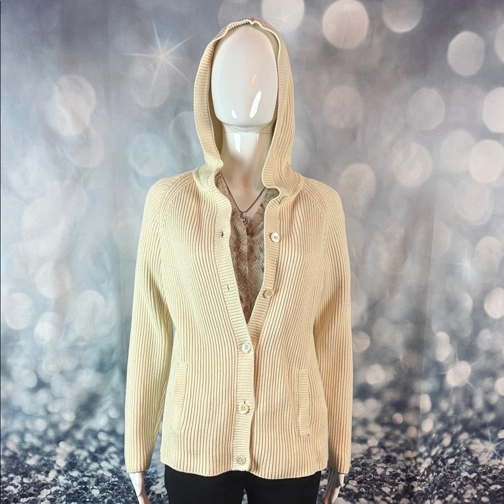 Ralph Lauren sz Petite Small Ribbed Cotton Cream Hooded Cardigan Sweater